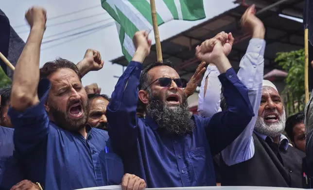 Supporters of Pasban-e-Hurriyat Jammu and Kashmir chant slogans during an anti-India demonstration, in Muzaffarabad, the capital of Pakistan administered Kashmir, Monday, May 5, 2025. (AP Photo/M.D. Mughal)