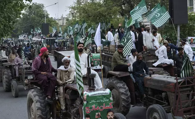Farmers participate in a rally against the suspension of a water-sharing treaty by India, in Lahore, Pakistan, Sunday, May 4, 2025. (AP Photo/K.M. Chaudary)