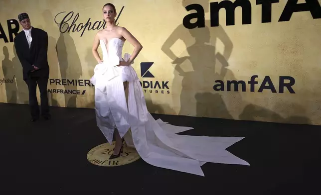 Barbara Palvin poses for photographers upon arrival at the amfAR Cinema Against AIDS benefit at the Hotel du Cap-Eden-Roc, during the 78th Cannes international film festival, Cap d'Antibes, southern France, Thursday, May 22, 2025. (Photo by Joel C Ryan/Invision/AP)