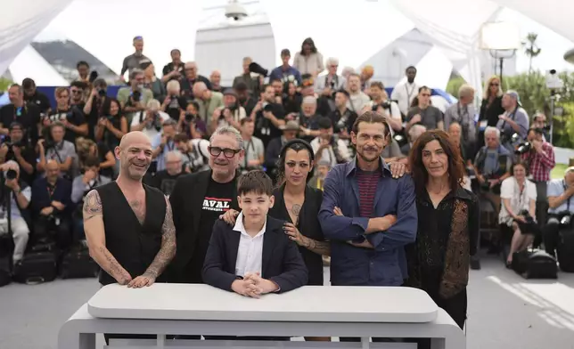 Richard Bellamy, from left, Sergi Lopez Bruno Nunez, Jade Oukid, Tonin Janvier, and Stefania Gadda pose for photographers at the photo call for the film 'Sirat' at the 78th international film festival, Cannes, southern France, Friday, May 16, 2025. (Photo by Lewis Joly/Invision/AP)