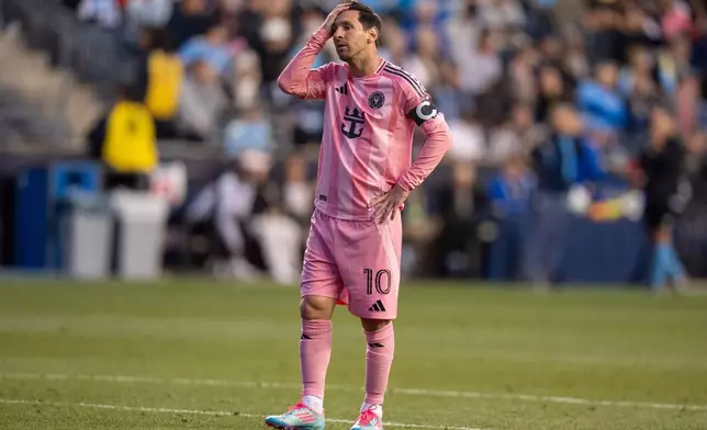 Inter Miami's Lionel Messi reacts during the first half of an MLS soccer match against the Philadelphia Union, Saturday, May 24, 2025, in Chester, Pa.. (AP Photo/Chris Szagola)