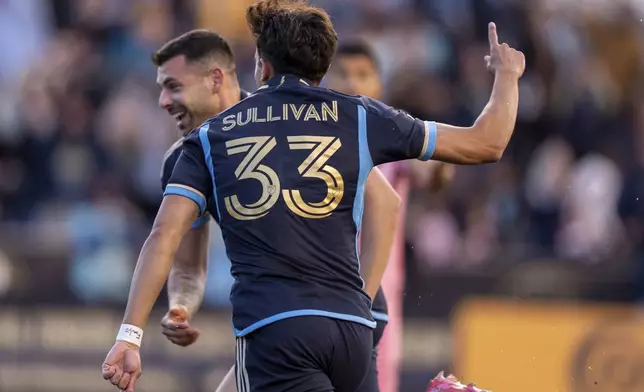 Philadelphia Union's Quinn Sullivan (33) reacts after his goal against Inter Miami during the first half of an MLS soccer match Saturday, May 24, 2025, in Chester, Pa.. (AP Photo/Chris Szagola)