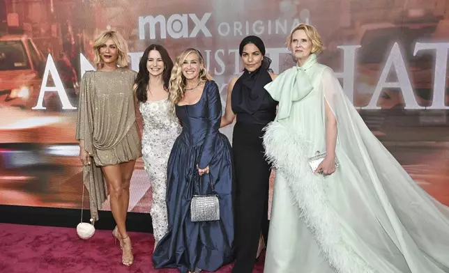 Nicole Ari Parker, from left, Kristin Davis, Sarah Jessica Parker, Sarita Choudhury and Cynthia Nixon pose together at the premiere of "And Just Like That..." Season 3 at the Crane Club on Wednesday, May 21, 2025, in New York. (Photo by Evan Agostini/Invision/AP)