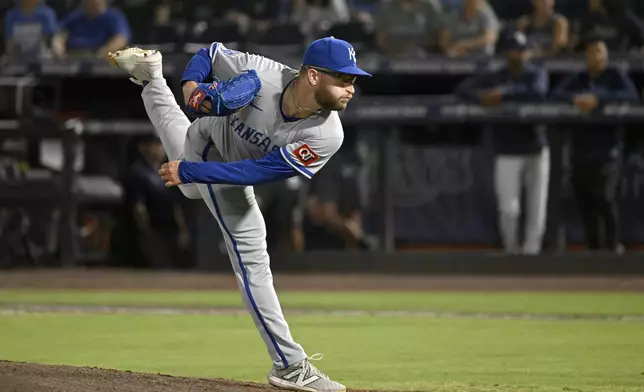Kansas City Royals pitcher Noah Cameron throws during the sixth inning of a baseball game against the Tampa Bay Rays, Wednesday, April 30, 2025, in Tampa, Fla. (AP Photo/Jason Behnken)