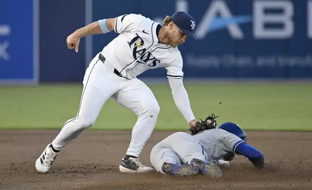 Kansas City Royals' Bobby Witt Jr. is tagged out trying to steal second by Tampa Bay Rays second baseman Brandon Lowe during the third inning of a baseball game, Wednesday, April 30, 2025, in Tampa, Fla. (AP Photo/Jason Behnken)