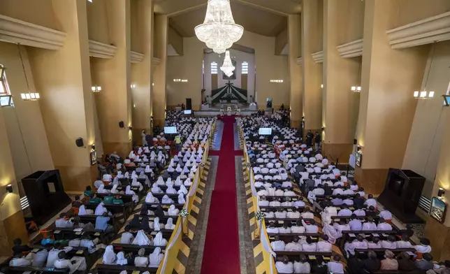 FILE - Pope Francis addresses clergy at the St. Theresa Cathedral in Juba, South Sudan, Saturday, Feb. 4, 2023. (AP Photo/Ben Curtis, File)