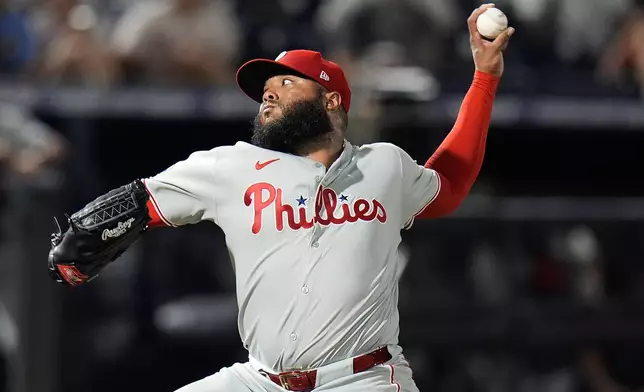 Philadelphia Phillies pitcher José Alvarado delivers to the Tampa Bay Rays during the ninth inning of a baseball game Thursday, May 8, 2025, in Tampa, Fla. (AP Photo/Chris O'Meara)