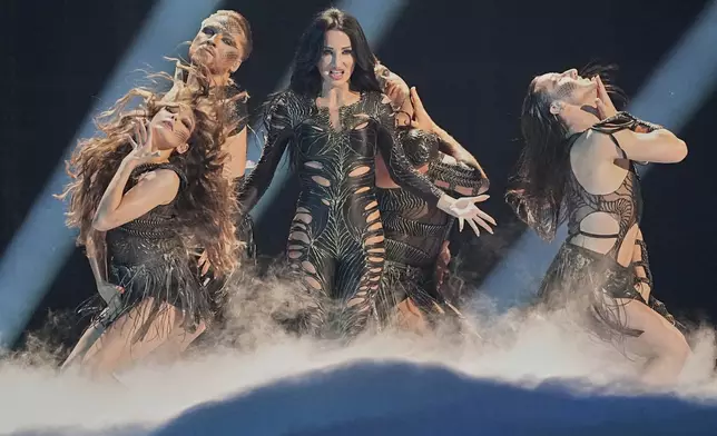 Justyna Steczkowska from Poland performs the song "GAJA" during the first semi-final of the 69th Eurovision Song Contest, in Basel, Switzerland, Tuesday, May 13, 2025. (AP Photo/Martin Meissner)