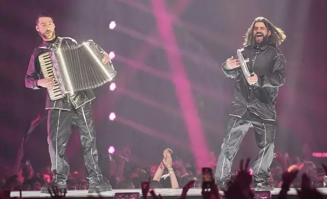 Gabry Ponte from San Marino performs the song "Tutta L'Italia" during the first semi-final of the 69th Eurovision Song Contest, in Basel, Switzerland, Tuesday, May 13, 2025. (AP Photo/Martin Meissner)