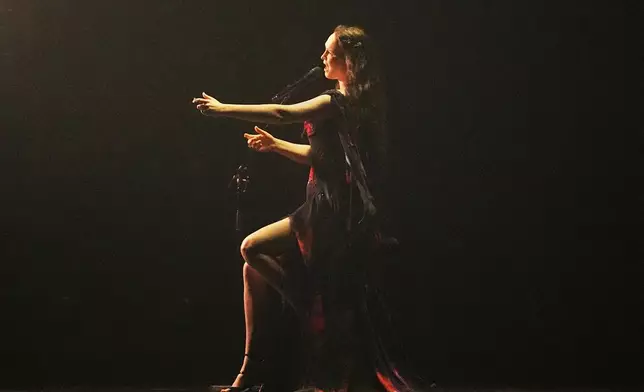 Zoe Me from Switzerland performs the song "Voyage" during the first semi-final of the 69th Eurovision Song Contest, in Basel, Switzerland, Tuesday, May 13, 2025. (AP Photo/Martin Meissner)