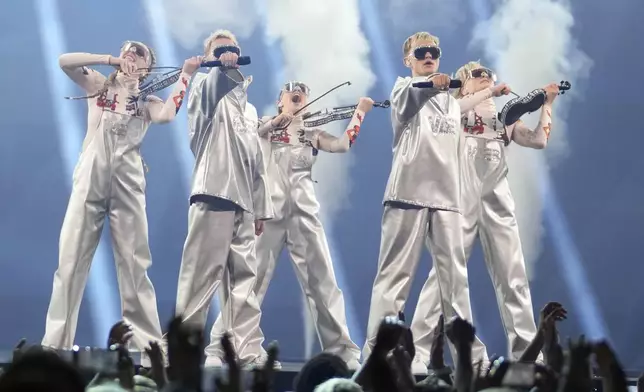 VAEB from Iceland performs the song "ROA" during the dress rehearsal for the first semi-final of the 69th Eurovision Song Contest, in Basel, Switzerland, Monday, May 12, 2025. (AP Photo/Martin Meissner)