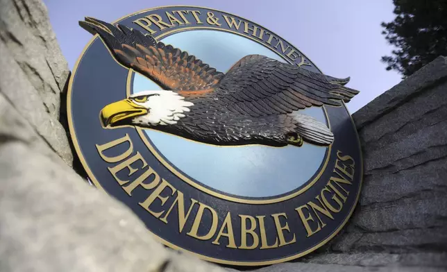 FILE - This file photo taken Feb. 5, 2010, shows a "Pratt &amp; Whitney Dependable Engines" emblem at the plant in East Hartford, Conn. (AP Photo/Jessica Hil, filel)
