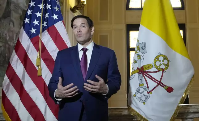 Secretary of State Marco Rubio, speaks to the media during a meeting with President of the Conference of Italian Bishops, Cardinal Matteo Zuppi at the U.S. Embassy to the Holy See in Rome, Saturday, May 17, 2025. (AP Photo/Gregorio Borgia)