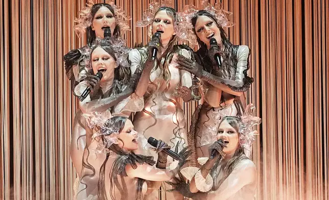 Tautumeitas from Latvia performs the song "Bur Man Laimi" during the second semi-final of the 69th Eurovision Song Contest, in Basel, Switzerland, Thursday, May 15, 2025. (AP Photo/Martin Meissner)