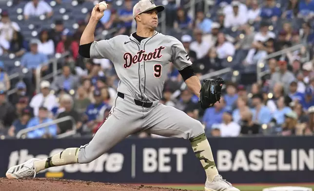Detroit Tigers starting pitcher Jack Flaherty throws to a Toronto Blue Jays batter in first-inning baseball game action in Toronto, Friday, May 16, 2025. (/Jon Blacker/The Canadian Press via AP)