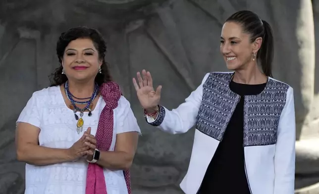 FILE - Mexico City Mayor Clara Brugada and Mexican President Claudia Sheinbaum attend a meeting at the Anthropology Museum in Mexico City, April 3, 2025. (AP Photo/Fernando Llano, File)