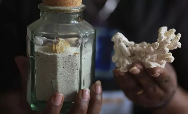 Chagossian Bernadette Dugasse shows sand and sea shells from the Chagos Islands during an interview with The Associated Press, at her home in London, Tuesday, March 25, 2025. (AP Photo/Kin Cheung)