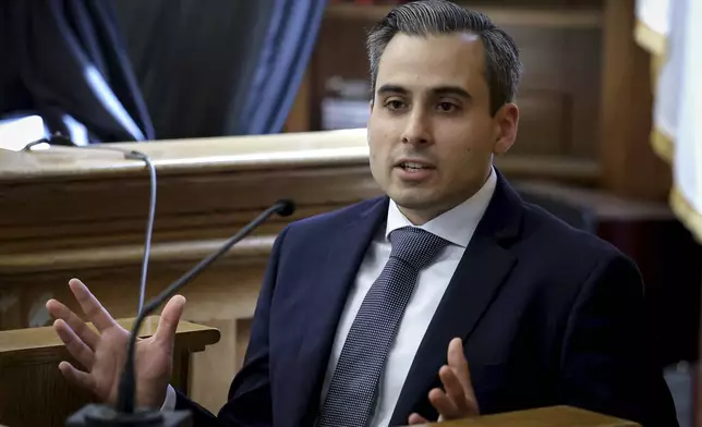 Accident reconstruction analyst Matthew DiSogra testifies during Karen Read's murder trial in Norfolk Superior Court in Dedham, Mass., Friday, May 30, 2025. (Mark Stockwell/The Sun Chronicle via AP, Pool)