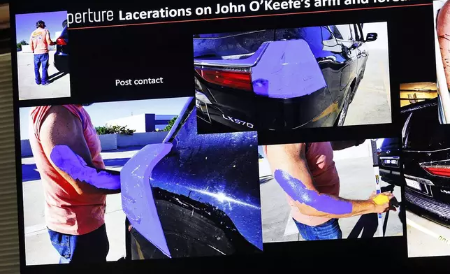 Images of an accident reconstruction test by Dr. Judson Welcher which shows impact via paint transfer from an SUV similar to Karen Read's to a human subject during the Karen Read retrial at Norfolk Superior Court, Wednesday May 28, 2025, in Dedham, Mass. (Greg Derr/The Patriot Ledger via AP, Pool)