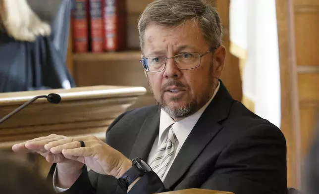 Dr. Judson Welcher, an accident reconstruction expert, speaks on the witness stand during the Karen Read retrial at Norfolk Superior Court, Wednesday May 28, 2025, in Dedham, Mass. (Greg Derr/The Patriot Ledger via AP, Pool)