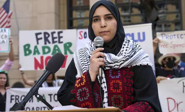 Mapheze Saleh, wife of arrested and detained Georgetown University scholar Badar Khan Suri, speaks at a news conference following her husband's hearing at Federal District Court for the Eastern District of Virginia, in Alexandria, Va., Thursday, May 1, 2025. (AP Photo/Jacquelyn Martin)