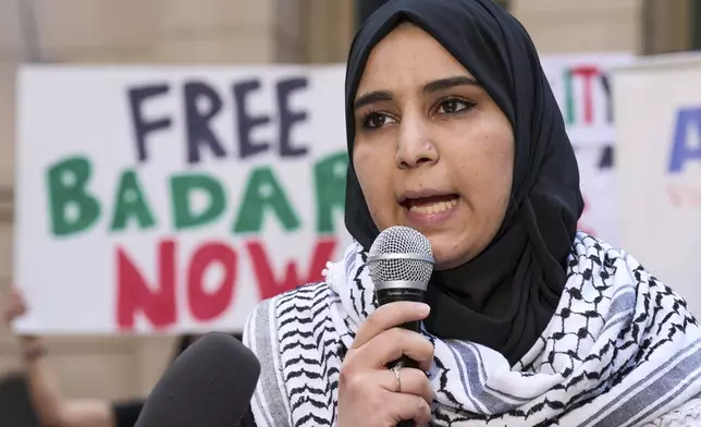 Mapheze Saleh, wife of arrested and detained Georgetown University scholar Badar Khan Suri, speaks at a news conference following her husband's hearing at Federal District Court for the Eastern District of Virginia, in Alexandria, Va., Thursday, May 1, 2025. (AP Photo/Jacquelyn Martin)