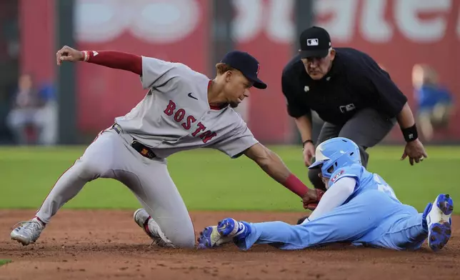 Kansas City Royals' Mark Canha, right, is caught stealing second by Boston Red Sox second baseman Kristian Campbell during the third inning of a baseball game Saturday, May 10, 2025, in Kansas City, Mo. (AP Photo/Charlie Riedel)