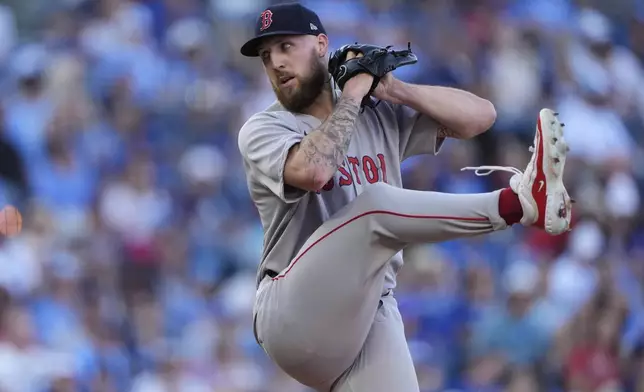 Boston Red Sox starting pitcher Garrett Crochet throws during the first inning of a baseball game against the Kansas City Royals, Saturday, May 10, 2025, in Kansas City, Mo. (AP Photo/Charlie Riedel)