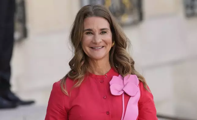 FILE - Co-chair of the Bill &amp; Melinda Gates Foundation Melinda French Gates smiles as she leaves June 23, 2023 the Elysee Palace in Paris. (AP Photo/Christophe Ena, file)