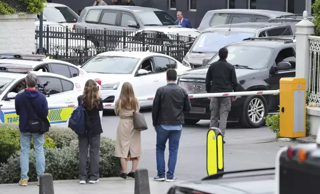 Vehicles leave the area after talks between the U.S., Turkish and Ukrainian delegations at the Dolmabache palace, in Istanbul, Turkey, Friday, May 16, 2025. (AP Photo/Dilara Acikgoz)
