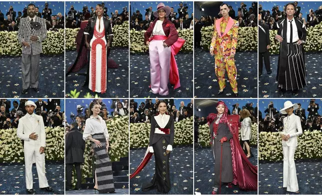 This combination photo shows fashion worn by Colman Domingo, top row from left, Ayo Edebiri, Tracee Ellis Ross, Cole Escola, Walton Goggins, bottom row from left, Lewis Hamilton, Anne Hathaway, Mindy Kaling, Teyana Taylor and Zendaya, at The Metropolitan Museum of Art's Costume Institute benefit gala on May 5, 2025, in New York. (Photo by Evan Agostini/Invision/AP)