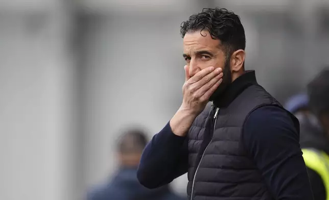 Manchester United manager Ruben Amorim on the touchline before the English Premier League soccer match between Brentford and Manchester United at the Gtech Community Stadium, London, Sunday, May 4, 2025. (John Walton/PA via AP)