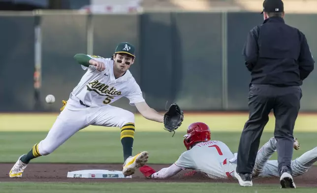 Athletics shortstop Jacob Wilson (5) attempts to tag out Philadelphia Phillies' Trea Turner (7) as he steals second base during the first inning of a baseball game Saturday, May 24, 2025, in West Sacramento, Calif. (AP Photo/Sara Nevis)
