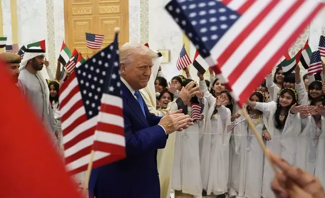 President Donald Trump and UAE President Mohammed bin Zayed Al Nahyan arrive at Qasr Al Watan, Thursday, May 15, 2025, in Abu Dhabi, United Arab Emirates. (AP Photo/Alex Brandon)