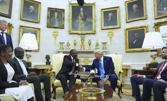 President Donald Trump meets South African President Cyril Ramaphosa in the Oval Office of the White House, Wednesday, May 21, 2025, in Washington. (AP Photo/Evan Vucci)