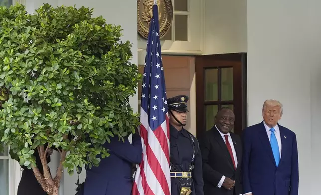 President Donald Trump greets South African President Cyril Ramaphosa at the White House, Wednesday, May 21, 2025, in Washington. (AP Photo/Julia Demaree Nikhinson)