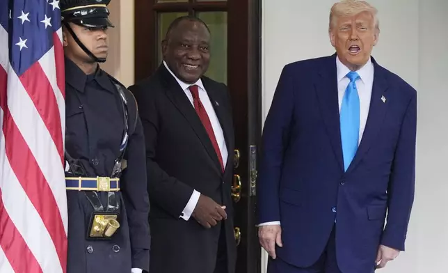 President Donald Trump greets South African President Cyril Ramaphosa at the White House, Wednesday, May 21, 2025, in Washington. (AP Photo/Julia Demaree Nikhinson)