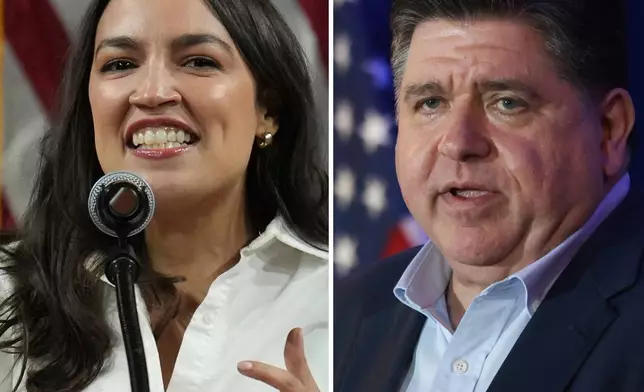 This photo combo shows Illinois Gov. JB Pritzker, right, speaking during the McIntyre-Shaheen 100 Club Dinner, April 27, 2025, in Manchester, N.H. and Rep. Alexandria Ocasio-Cortez, D-N.Y., speaking during a "Fighting Oligarchy" tour event at Arizona State University, March 20, 2025, in Tempe, Ariz. (AP Photo/Ross D. Franklin, Reba Saldanha)