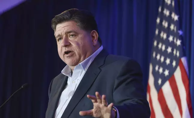 Illinois Gov. JB Pritzker speaks during the McIntyre-Shaheen 100 Club Dinner, Sunday April 27, 2025, in Manchester, N.H. (AP Photo/Reba Saldanha)