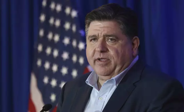 Illinois Gov. JB Pritzker speaks during the McIntyre-Shaheen 100 Club Dinner, Sunday April 27, 2025, in Manchester, N.H. (AP Photo/Reba Saldanha)