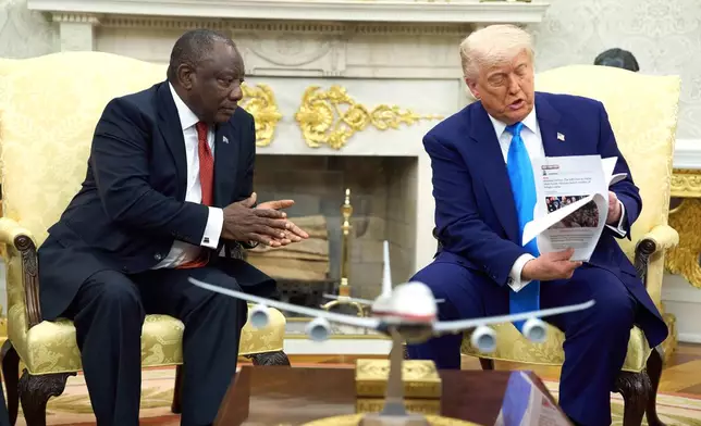 President Donald Trump meets South Africa's President Cyril Ramaphosa in the Oval Office of the White House, Wednesday, May 21, 2025, in Washington. (AP Photo/Evan Vucci)