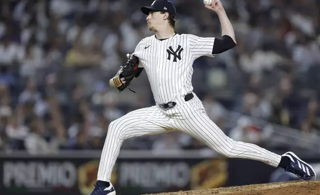 New York Yankees pitcher Max Fried throws during the seventh inning of a baseball game against the Tampa Bay Rays, Friday, May 2, 2025, in New York. (AP Photo/Adam Hunger)