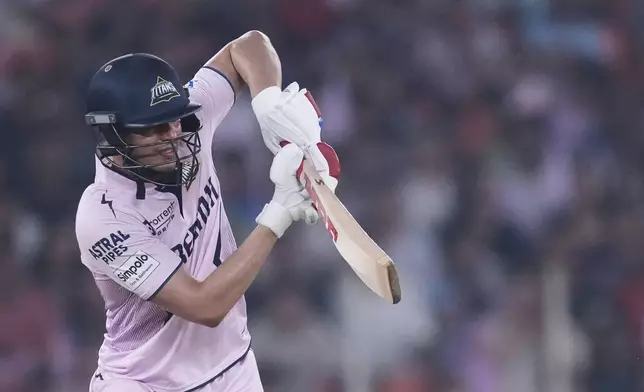 Gujarat Titans' captain Shubman Gill bats during the Indian Premier League cricket match between Gujarat Titans and Lucknow Super Giants at Narendra Modi Stadium in Ahmedabad, India, Thursday, May 22, 2025. (AP Photo/Ajit Solanki)