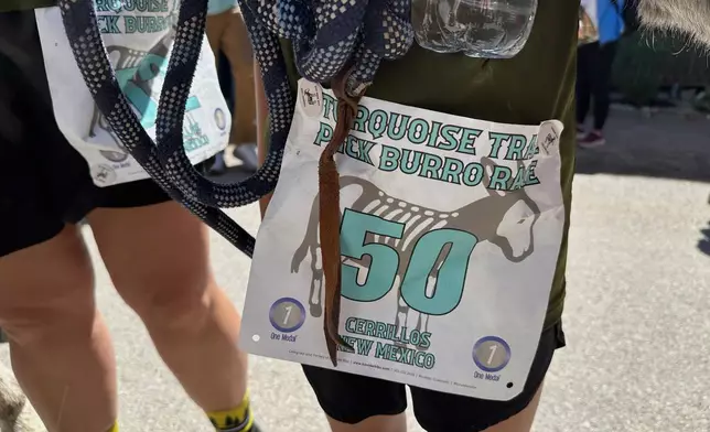 People look on as Pack burros and their human companions race through the streets of a former mining town and across backcountry desert trails in Cerrillos, N.M., on Saturday, May 3, 2025. (AP Photo/Morgan Lee)