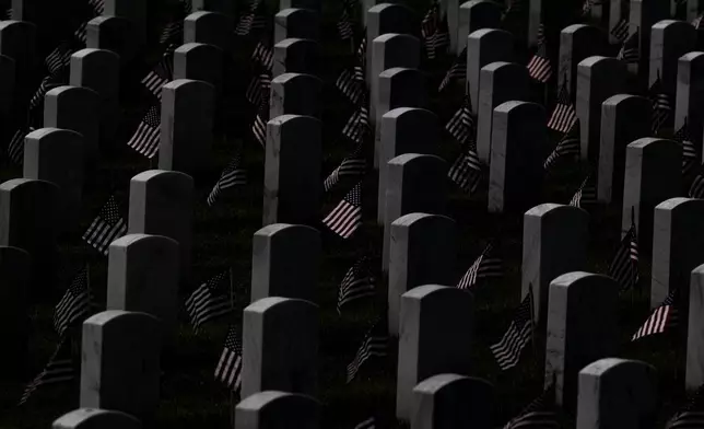 American flags sit in front of headstones before a Memorial Day ceremony on Sunday, May 25, 2025, at Great Lakes National Cemetery in Holly Township, Mich. (Ayrton Breckenridge/The Flint Journal via AP)