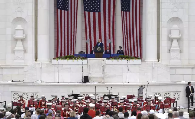 President Donald Trump delivers the Memorial Day Address at the 157th National Memorial Day Observance at Arlington National Cemetery, Monday, May 26, 2025, in Arlington, Va. (AP Photo/Julia Demaree Nikhinson)