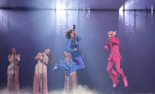 Ziferblat from Ukraine performs the song "Bird of Pray" during the Grand Final of the 69th Eurovision Song Contest, in Basel, Switzerland, Saturday, May 17, 2025. (AP Photo/Martin Meissner)