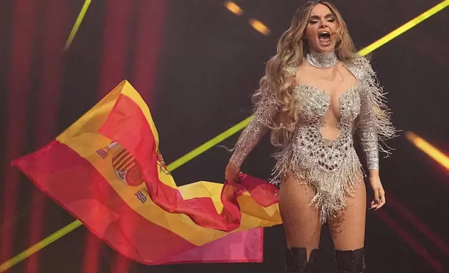 Melody from Spain reacts as she arrives for the Grand Final of the 69th Eurovision Song Contest, in Basel, Switzerland, Saturday, May 17, 2025. (AP Photo/Martin Meissner)