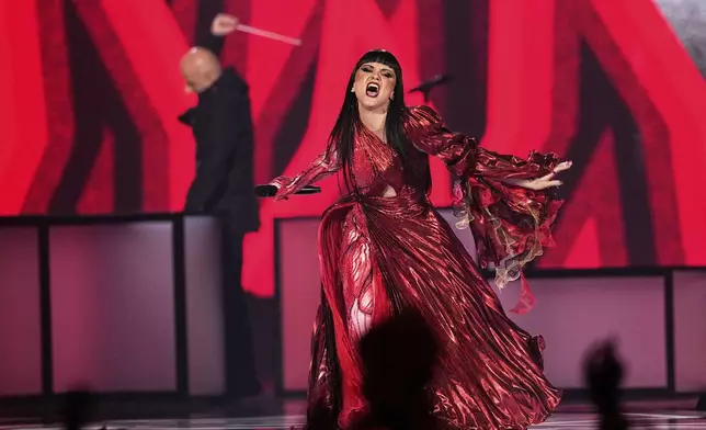 Shkodra Elektronike from Albania performs the song "Zjerm" during the Grand Final of the 69th Eurovision Song Contest, in Basel, Switzerland, Saturday, May 17, 2025. (AP Photo/Martin Meissner)