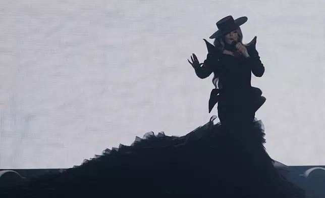 Melody from Spain performs the song "ESA DIVA" during the Grand Final of the 69th Eurovision Song Contest, in Basel, Switzerland, Saturday, May 17, 2025. (AP Photo/Martin Meissner)